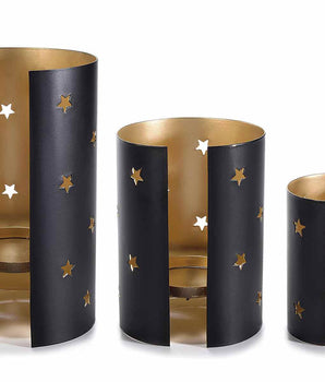 Set 3 portacandela metallo con stelle intagliate e interno oro